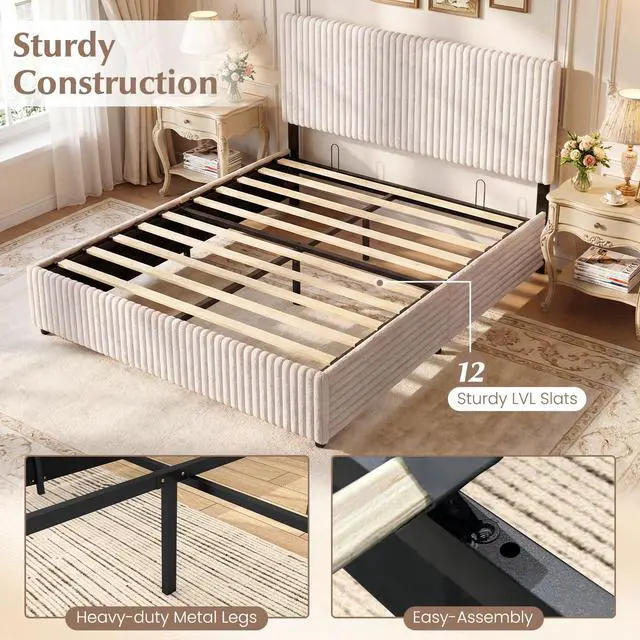 Alt view image 6 of 7 - Giantex Queen Size Lift Up Storage Bed, Modern Corduroy Upholstered Platform w/Wingback Headboard, Hydraulic Support, Queen Bed Frame with Storage, No Box Spring Needed (Beige)