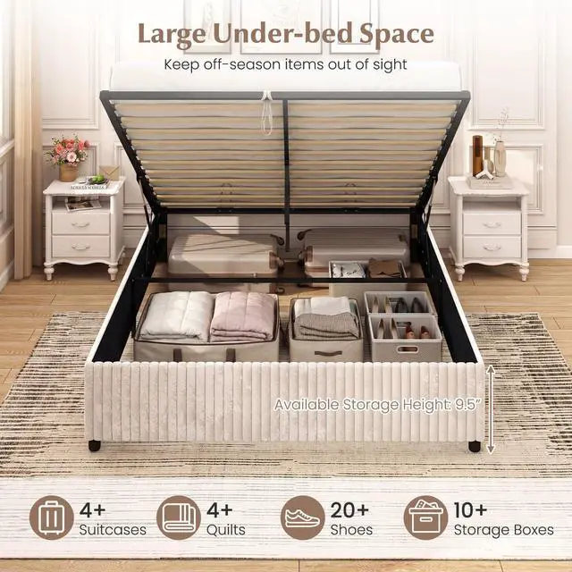 Alt view image 4 of 7 - Giantex Queen Size Lift Up Storage Bed, Modern Corduroy Upholstered Platform w/Wingback Headboard, Hydraulic Support, Queen Bed Frame with Storage, No Box Spring Needed (Beige)