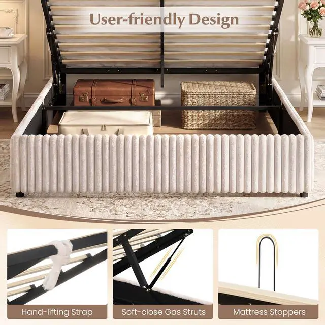 Alt view image 7 of 7 - Giantex Queen Size Lift Up Storage Bed, Modern Corduroy Upholstered Platform w/Wingback Headboard, Hydraulic Support, Queen Bed Frame with Storage, No Box Spring Needed (Beige)