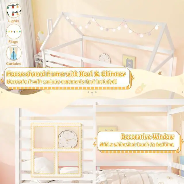 Alt view image 6 of 7 - Giantex Twin House Bed with Trundle Bed Twin, Wooden Twin Bed Frames with Roof, Chimney & Window, Montessori House Bed with Safety Guardrails, House Trundle Bed for Kids, Boys, Girls, Teens (White)