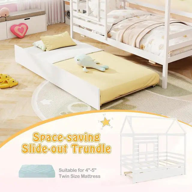 Alt view image 5 of 7 - Giantex Twin House Bed with Trundle Bed Twin, Wooden Twin Bed Frames with Roof, Chimney & Window, Montessori House Bed with Safety Guardrails, House Trundle Bed for Kids, Boys, Girls, Teens (White)