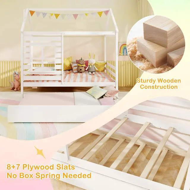Alt view image 4 of 7 - Giantex Twin House Bed with Trundle Bed Twin, Wooden Twin Bed Frames with Roof, Chimney & Window, Montessori House Bed with Safety Guardrails, House Trundle Bed for Kids, Boys, Girls, Teens (White)