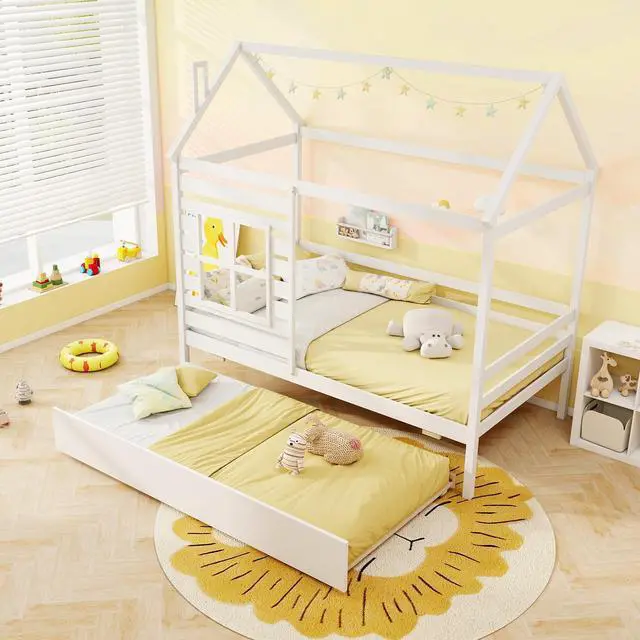 Alt view image 2 of 7 - Giantex Twin House Bed with Trundle Bed Twin, Wooden Twin Bed Frames with Roof, Chimney & Window, Montessori House Bed with Safety Guardrails, House Trundle Bed for Kids, Boys, Girls, Teens (White)