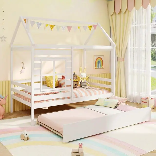 Alt view image 3 of 7 - Giantex Twin House Bed with Trundle Bed Twin, Wooden Twin Bed Frames with Roof, Chimney & Window, Montessori House Bed with Safety Guardrails, House Trundle Bed for Kids, Boys, Girls, Teens (White)