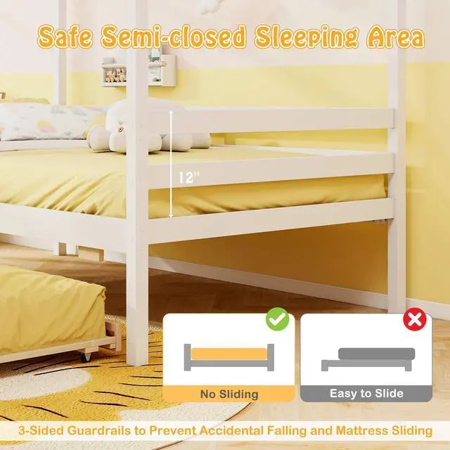 Alt view image 7 of 7 - Giantex Twin House Bed with Trundle Bed Twin, Wooden Twin Bed Frames with Roof, Chimney & Window, Montessori House Bed with Safety Guardrails, House Trundle Bed for Kids, Boys, Girls, Teens (White)