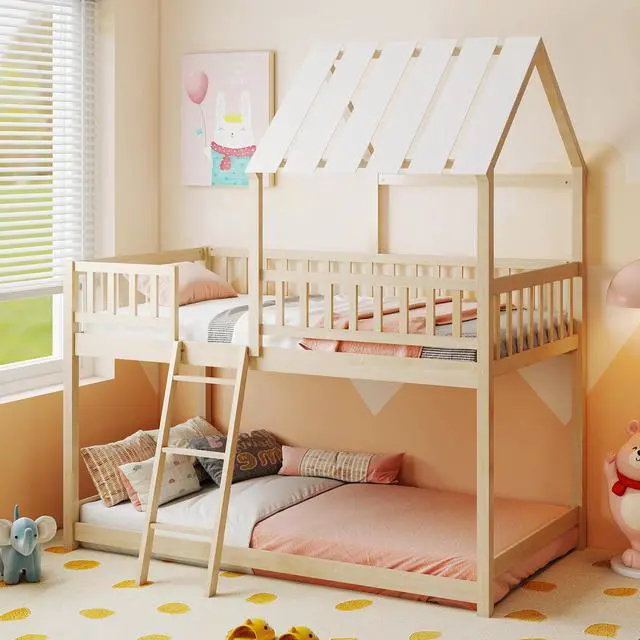 Main image of Giantex Twin Over Twin House Bunk Bed, Low Loft Bed Frame with Roof, Wood Bunk Bed with Ladder & Full-Length Guardrails, Twin Floor Bed for Kids Teens Boys Girls, No Box Spring Needed (Natural)