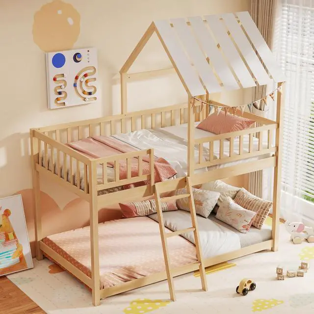 Alt view image 2 of 7 - Giantex Twin Over Twin House Bunk Bed, Low Loft Bed Frame with Roof, Wood Bunk Bed with Ladder & Full-Length Guardrails, Twin Floor Bed for Kids Teens Boys Girls, No Box Spring Needed (Natural)
