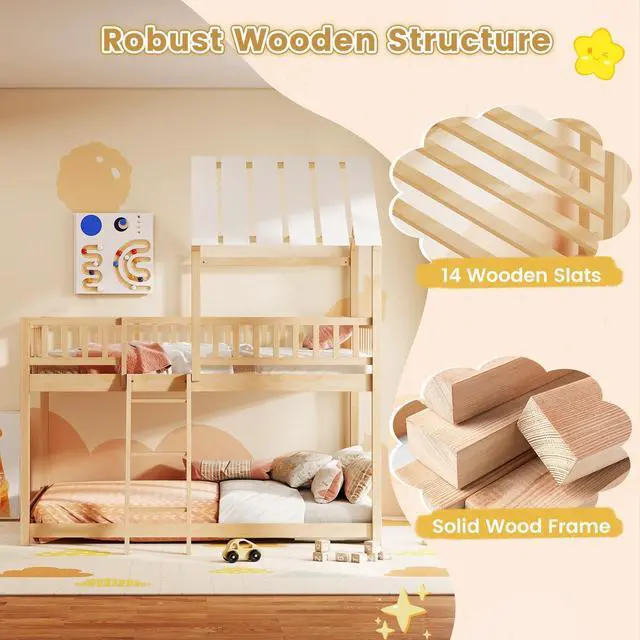 Alt view image 3 of 7 - Giantex Twin Over Twin House Bunk Bed, Low Loft Bed Frame with Roof, Wood Bunk Bed with Ladder & Full-Length Guardrails, Twin Floor Bed for Kids Teens Boys Girls, No Box Spring Needed (Natural)