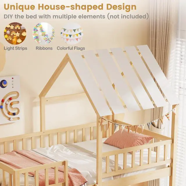 Alt view image 4 of 7 - Giantex Twin Over Twin House Bunk Bed, Low Loft Bed Frame with Roof, Wood Bunk Bed with Ladder & Full-Length Guardrails, Twin Floor Bed for Kids Teens Boys Girls, No Box Spring Needed (Natural)