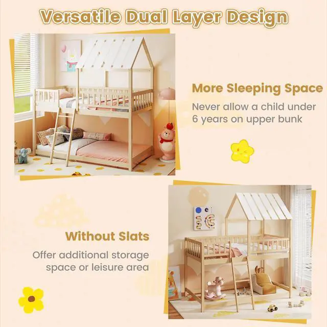 Alt view image 5 of 7 - Giantex Twin Over Twin House Bunk Bed, Low Loft Bed Frame with Roof, Wood Bunk Bed with Ladder & Full-Length Guardrails, Twin Floor Bed for Kids Teens Boys Girls, No Box Spring Needed (Natural)