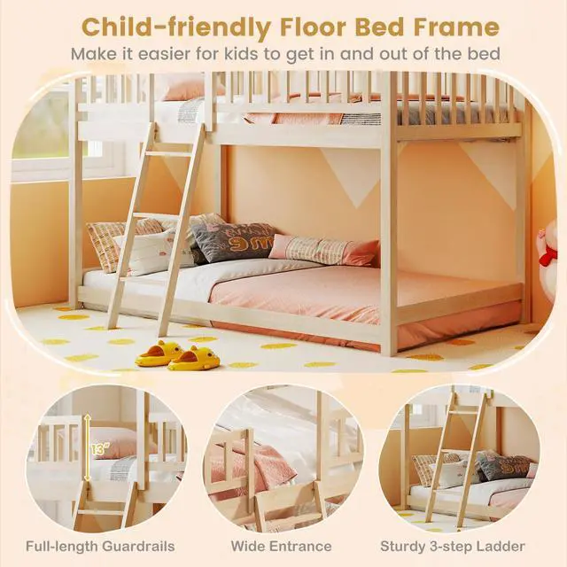 Alt view image 6 of 7 - Giantex Twin Over Twin House Bunk Bed, Low Loft Bed Frame with Roof, Wood Bunk Bed with Ladder & Full-Length Guardrails, Twin Floor Bed for Kids Teens Boys Girls, No Box Spring Needed (Natural)