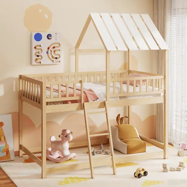Alt view image 7 of 7 - Giantex Twin Over Twin House Bunk Bed, Low Loft Bed Frame with Roof, Wood Bunk Bed with Ladder & Full-Length Guardrails, Twin Floor Bed for Kids Teens Boys Girls, No Box Spring Needed (Natural)