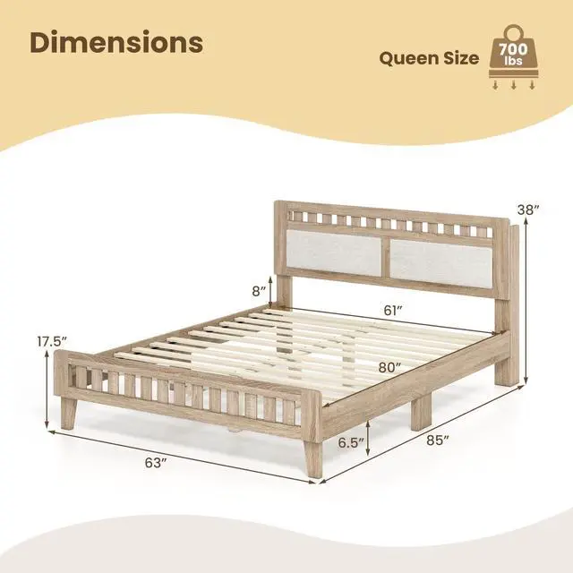 Alt view image 2 of 7 - Giantex Wood Queen Size Bed Frame with Upholstered Headboard, Mid-Century Platform Bed w/Wooden Slat Support Mattress Foundation, Slatted Footboard, Under-Bed Storage Space, No Box Spring Needed, Oak