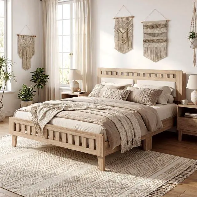 Alt view image 3 of 7 - Giantex Wood Queen Size Bed Frame with Upholstered Headboard, Mid-Century Platform Bed w/Wooden Slat Support Mattress Foundation, Slatted Footboard, Under-Bed Storage Space, No Box Spring Needed, Oak