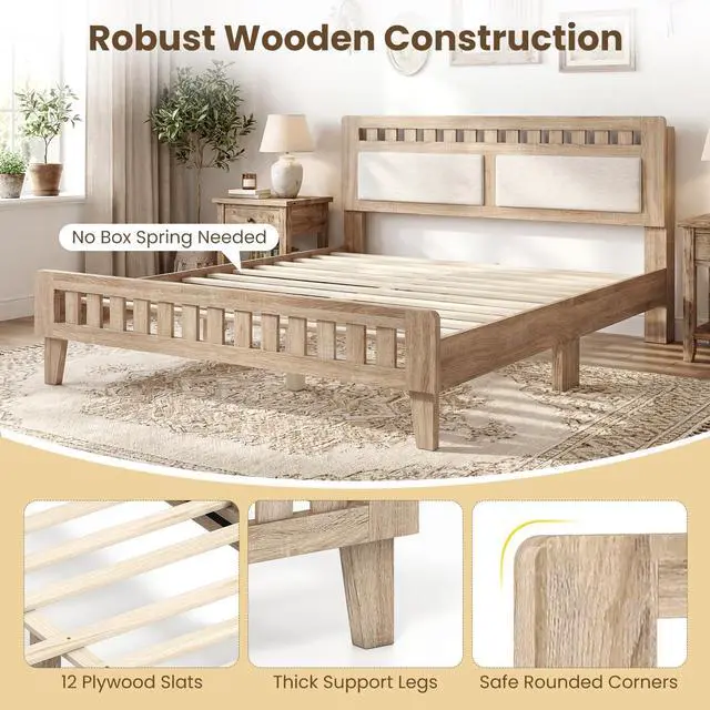Alt view image 5 of 7 - Giantex Wood Queen Size Bed Frame with Upholstered Headboard, Mid-Century Platform Bed w/Wooden Slat Support Mattress Foundation, Slatted Footboard, Under-Bed Storage Space, No Box Spring Needed, Oak