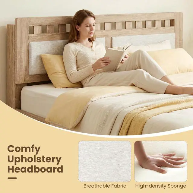 Alt view image 4 of 7 - Giantex Wood Queen Size Bed Frame with Upholstered Headboard, Mid-Century Platform Bed w/Wooden Slat Support Mattress Foundation, Slatted Footboard, Under-Bed Storage Space, No Box Spring Needed, Oak