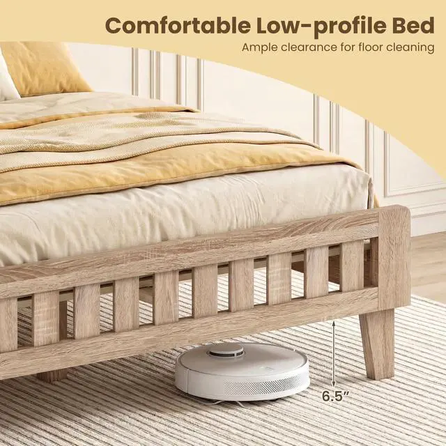 Alt view image 7 of 7 - Giantex Wood Queen Size Bed Frame with Upholstered Headboard, Mid-Century Platform Bed w/Wooden Slat Support Mattress Foundation, Slatted Footboard, Under-Bed Storage Space, No Box Spring Needed, Oak