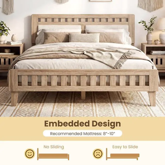 Alt view image 6 of 7 - Giantex Wood Queen Size Bed Frame with Upholstered Headboard, Mid-Century Platform Bed w/Wooden Slat Support Mattress Foundation, Slatted Footboard, Under-Bed Storage Space, No Box Spring Needed, Oak