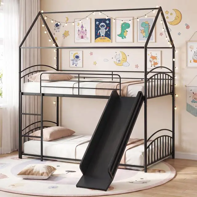 Main image of Giantex Twin Over Twin Bunk Bed with Slide & Ladder, House-Shaped Metal Bunk Bed Frame with Safety Guardrail & Roof, Heavy-Duty Kids Floor Bed for Boys Girls, No Box Spring Needed (Black)