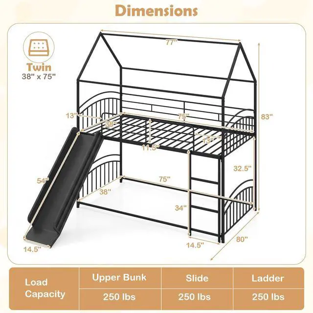 Alt view image 2 of 7 - Giantex Twin Over Twin Bunk Bed with Slide & Ladder, House-Shaped Metal Bunk Bed Frame with Safety Guardrail & Roof, Heavy-Duty Kids Floor Bed for Boys Girls, No Box Spring Needed (Black)