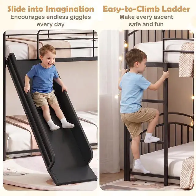 Alt view image 3 of 7 - Giantex Twin Over Twin Bunk Bed with Slide & Ladder, House-Shaped Metal Bunk Bed Frame with Safety Guardrail & Roof, Heavy-Duty Kids Floor Bed for Boys Girls, No Box Spring Needed (Black)