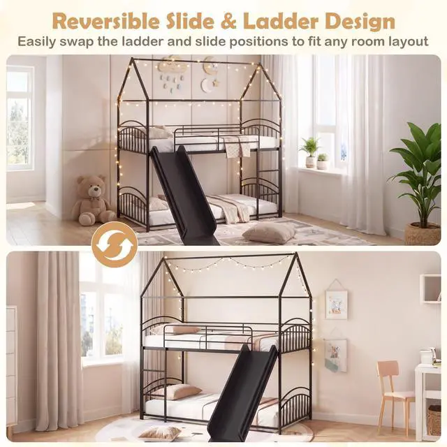 Alt view image 4 of 7 - Giantex Twin Over Twin Bunk Bed with Slide & Ladder, House-Shaped Metal Bunk Bed Frame with Safety Guardrail & Roof, Heavy-Duty Kids Floor Bed for Boys Girls, No Box Spring Needed (Black)