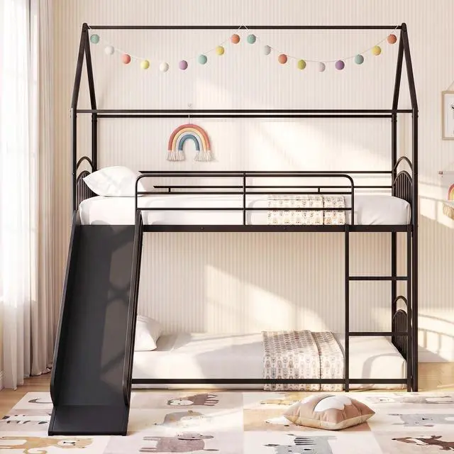 Alt view image 6 of 7 - Giantex Twin Over Twin Bunk Bed with Slide & Ladder, House-Shaped Metal Bunk Bed Frame with Safety Guardrail & Roof, Heavy-Duty Kids Floor Bed for Boys Girls, No Box Spring Needed (Black)