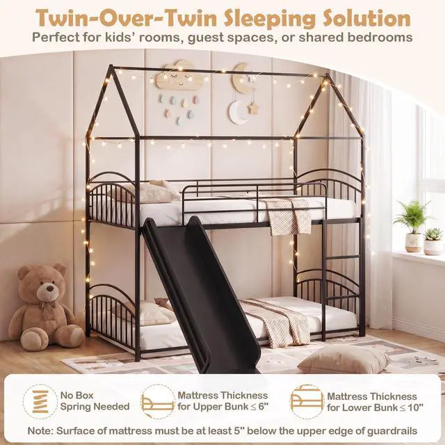 Alt view image 7 of 7 - Giantex Twin Over Twin Bunk Bed with Slide & Ladder, House-Shaped Metal Bunk Bed Frame with Safety Guardrail & Roof, Heavy-Duty Kids Floor Bed for Boys Girls, No Box Spring Needed (Black)