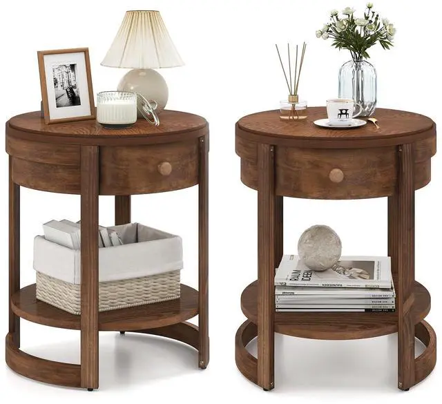 Main image of Giantex Round Side Table Set of 2, 2-Tier Wooden End Table with Drawer and Shelf, Vintage Wood Grain Finish, Retro Circle Night Stand for Living Room Bedroom, Walnut