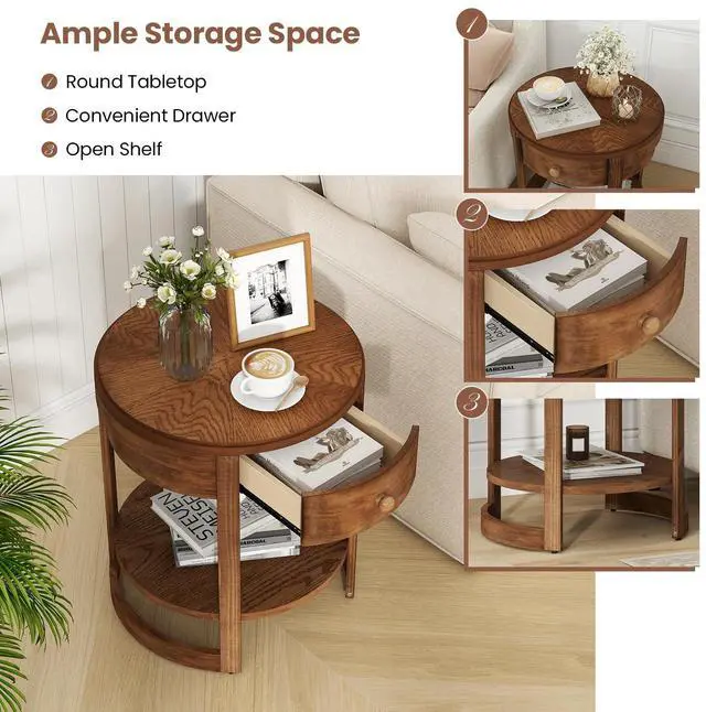 Alt view image 4 of 7 - Giantex Round Side Table Set of 2, 2-Tier Wooden End Table with Drawer and Shelf, Vintage Wood Grain Finish, Retro Circle Night Stand for Living Room Bedroom, Walnut