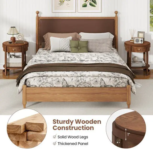 Alt view image 5 of 7 - Giantex Round Side Table Set of 2, 2-Tier Wooden End Table with Drawer and Shelf, Vintage Wood Grain Finish, Retro Circle Night Stand for Living Room Bedroom, Walnut