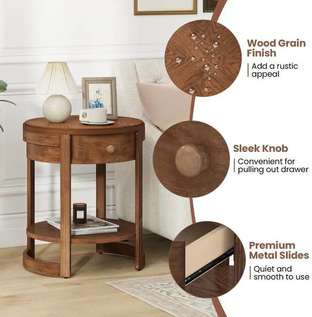 Alt view image 6 of 7 - Giantex Round Side Table Set of 2, 2-Tier Wooden End Table with Drawer and Shelf, Vintage Wood Grain Finish, Retro Circle Night Stand for Living Room Bedroom, Walnut