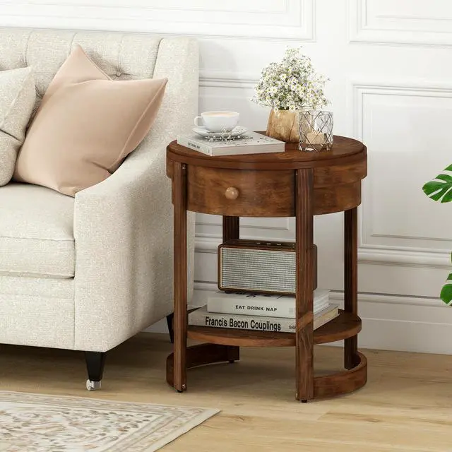 Alt view image 7 of 7 - Giantex Round Side Table Set of 2, 2-Tier Wooden End Table with Drawer and Shelf, Vintage Wood Grain Finish, Retro Circle Night Stand for Living Room Bedroom, Walnut