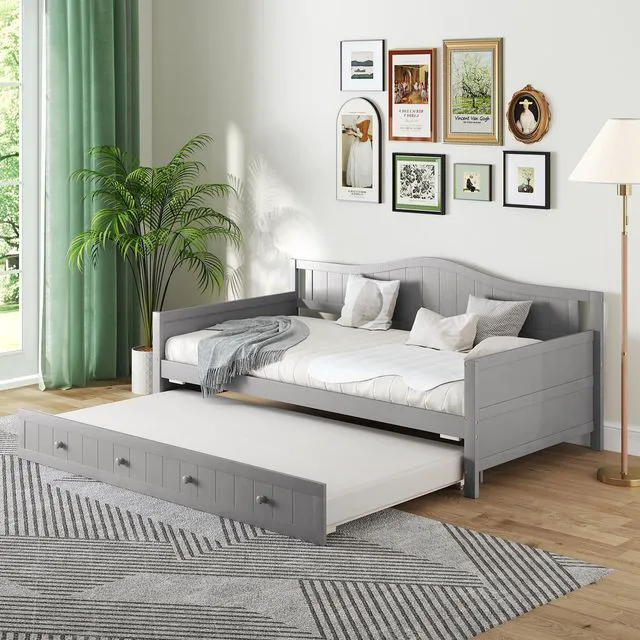 Main image of Giantex Twin Daybed with Trundle, Solid Wood Day Bed with Slats Support, Integrated Headboard & Armrests, Modern Trundle Bed Twin for Living Room, Bedroom, Guest Room, No Box Spring Needed, Grey