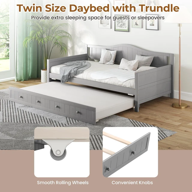 Alt view image 3 of 7 - Giantex Twin Daybed with Trundle, Solid Wood Day Bed with Slats Support, Integrated Headboard & Armrests, Modern Trundle Bed Twin for Living Room, Bedroom, Guest Room, No Box Spring Needed, Grey