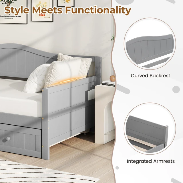 Alt view image 6 of 7 - Giantex Twin Daybed with Trundle, Solid Wood Day Bed with Slats Support, Integrated Headboard & Armrests, Modern Trundle Bed Twin for Living Room, Bedroom, Guest Room, No Box Spring Needed, Grey