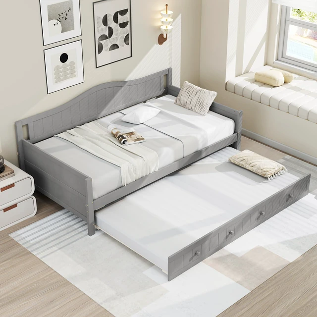 Alt view image 2 of 7 - Giantex Twin Daybed with Trundle, Solid Wood Day Bed with Slats Support, Integrated Headboard & Armrests, Modern Trundle Bed Twin for Living Room, Bedroom, Guest Room, No Box Spring Needed, Grey