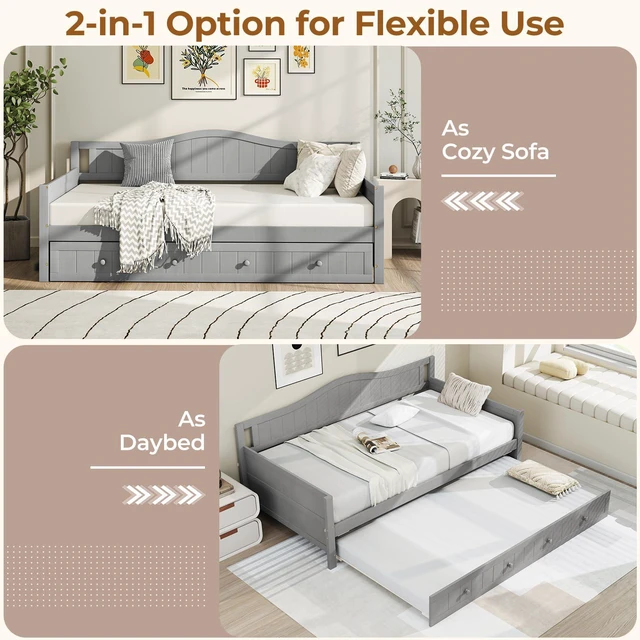 Alt view image 5 of 7 - Giantex Twin Daybed with Trundle, Solid Wood Day Bed with Slats Support, Integrated Headboard & Armrests, Modern Trundle Bed Twin for Living Room, Bedroom, Guest Room, No Box Spring Needed, Grey