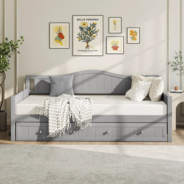 Alt view image 4 of 7 - Giantex Twin Daybed with Trundle, Solid Wood Day Bed with Slats Support, Integrated Headboard & Armrests, Modern Trundle Bed Twin for Living Room, Bedroom, Guest Room, No Box Spring Needed, Grey