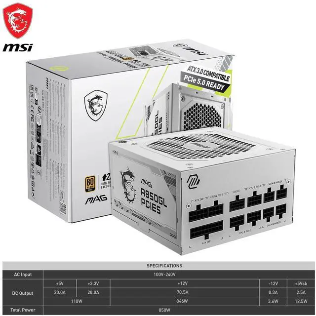 Alt view image 10 of 11 - MSI MAG A850GL PCIE5 WHITE power supply unit 850 W 20+4 pin ATX ATX
