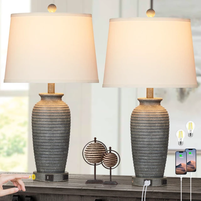 Main image of 25" Farmhouse Jar Table Lamps Set of 2, 3 Way Touch Control Rustic Bedside Lamps with USB A+C Ports & AC Outlet, Pot Nightstand Lamps for Bedroom Living Room (LED Bulbs Included)