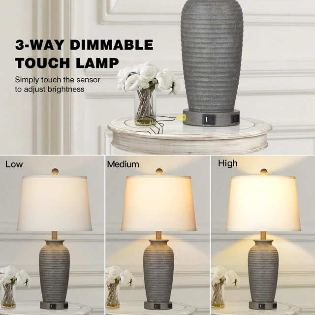 Alt view image 3 of 7 - 25" Farmhouse Jar Table Lamps Set of 2, 3 Way Touch Control Rustic Bedside Lamps with USB A+C Ports & AC Outlet, Pot Nightstand Lamps for Bedroom Living Room (LED Bulbs Included)