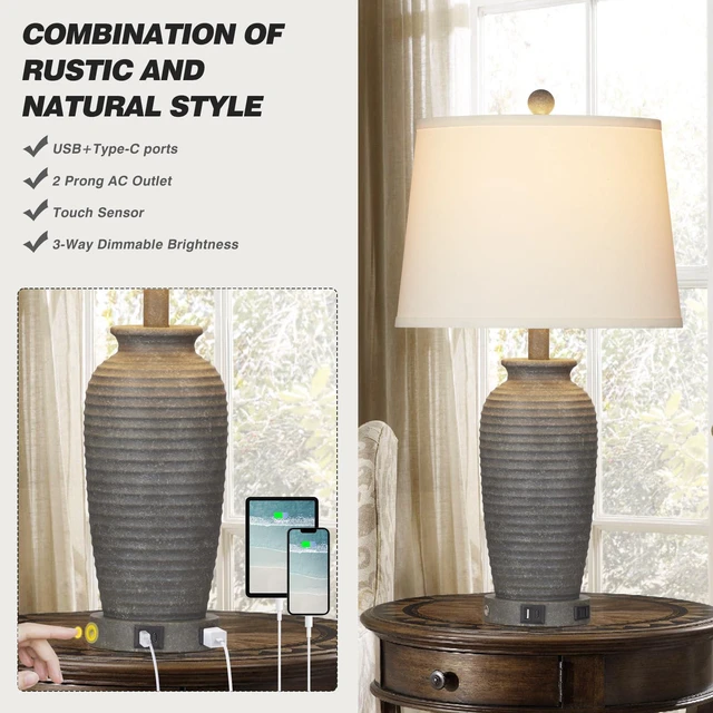 Alt view image 4 of 7 - 25" Farmhouse Jar Table Lamps Set of 2, 3 Way Touch Control Rustic Bedside Lamps with USB A+C Ports & AC Outlet, Pot Nightstand Lamps for Bedroom Living Room (LED Bulbs Included)