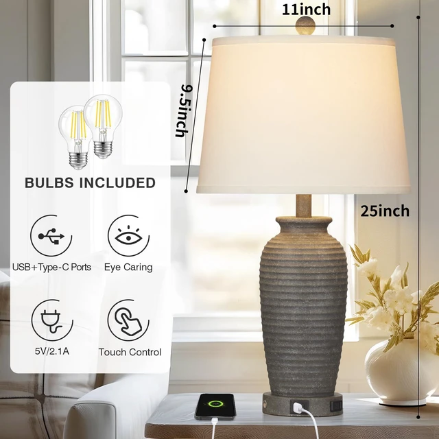 Alt view image 6 of 7 - 25" Farmhouse Jar Table Lamps Set of 2, 3 Way Touch Control Rustic Bedside Lamps with USB A+C Ports & AC Outlet, Pot Nightstand Lamps for Bedroom Living Room (LED Bulbs Included)