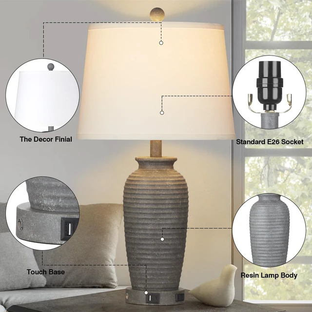 Alt view image 7 of 7 - 25" Farmhouse Jar Table Lamps Set of 2, 3 Way Touch Control Rustic Bedside Lamps with USB A+C Ports & AC Outlet, Pot Nightstand Lamps for Bedroom Living Room (LED Bulbs Included)