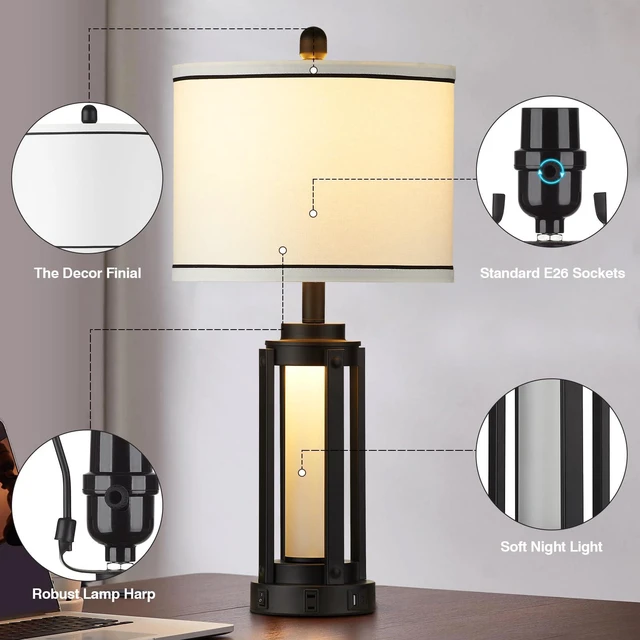 Alt view image 2 of 7 - 26" Modern Table Lamp with USB A+C Charging Ports & AC Outlet, Industrial Beside Contemporary Lamp Glass LED Night Light for Living Room Bedroom Nightstand End Table Single Black(2 Bulbs Included)