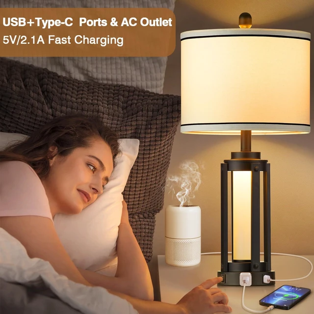 Alt view image 3 of 7 - 26" Modern Table Lamp with USB A+C Charging Ports & AC Outlet, Industrial Beside Contemporary Lamp Glass LED Night Light for Living Room Bedroom Nightstand End Table Single Black(2 Bulbs Included)