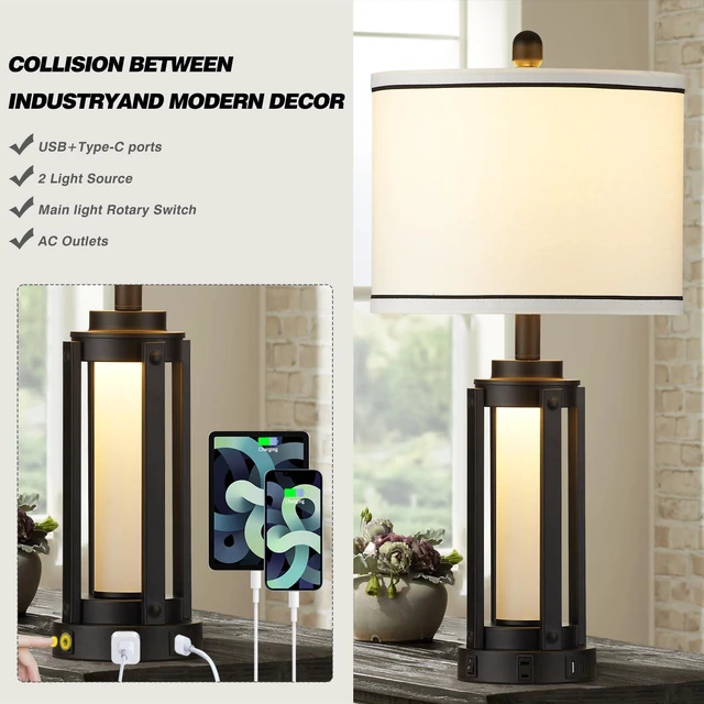 Alt view image 4 of 7 - 26" Modern Table Lamp with USB A+C Charging Ports & AC Outlet, Industrial Beside Contemporary Lamp Glass LED Night Light for Living Room Bedroom Nightstand End Table Single Black(2 Bulbs Included)