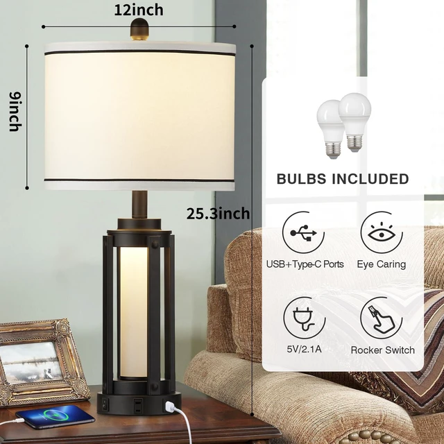 Alt view image 5 of 7 - 26" Modern Table Lamp with USB A+C Charging Ports & AC Outlet, Industrial Beside Contemporary Lamp Glass LED Night Light for Living Room Bedroom Nightstand End Table Single Black(2 Bulbs Included)