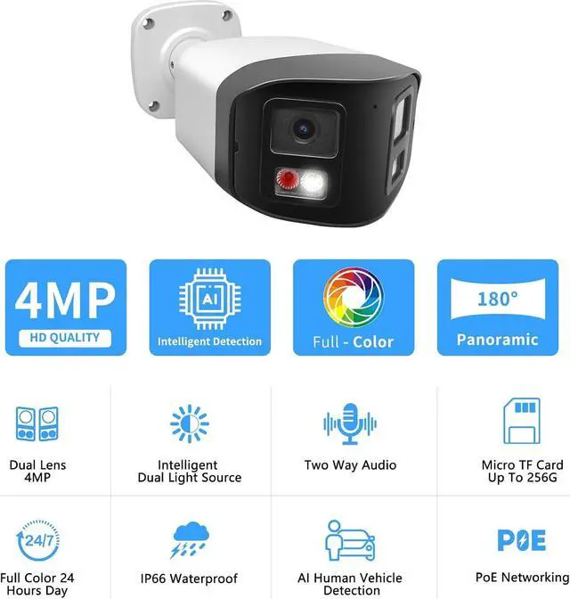 Alt view image 2 of 7 - 4MP Dual Lens PoE IP Security Camera with 180° Ultra Wide Viewing Angle, 2-Way Talk, AI Human Vehicle Detection, SD Card Slot(256GB), Full Color/EXIR2.0 Night Vision, Must Work with NVRs or PoE Switch